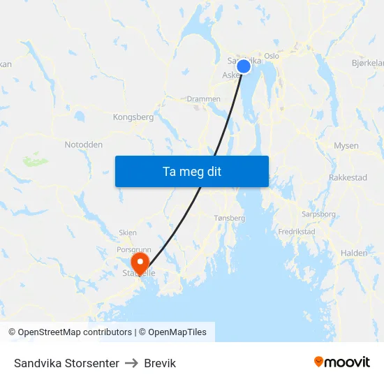 Sandvika Storsenter to Brevik map