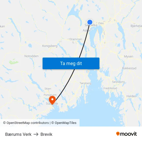 Bærums Verk to Brevik map