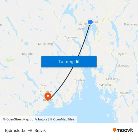 Bjørnsletta to Brevik map