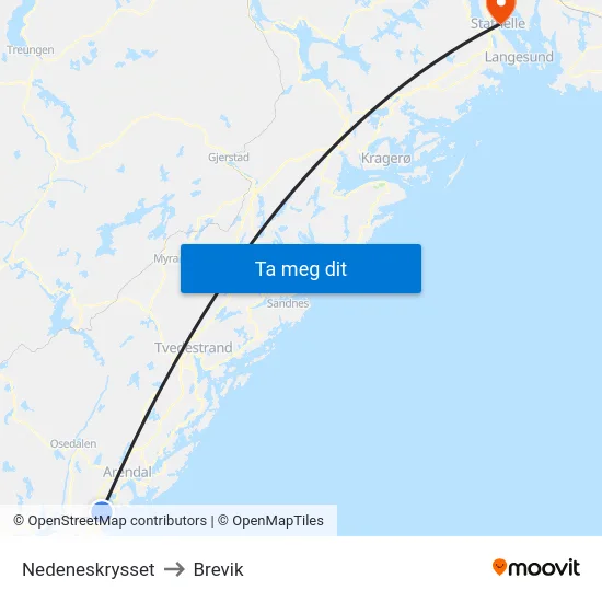 Nedeneskrysset to Brevik map