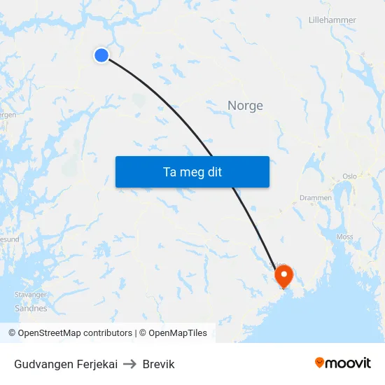 Gudvangen Ferjekai to Brevik map