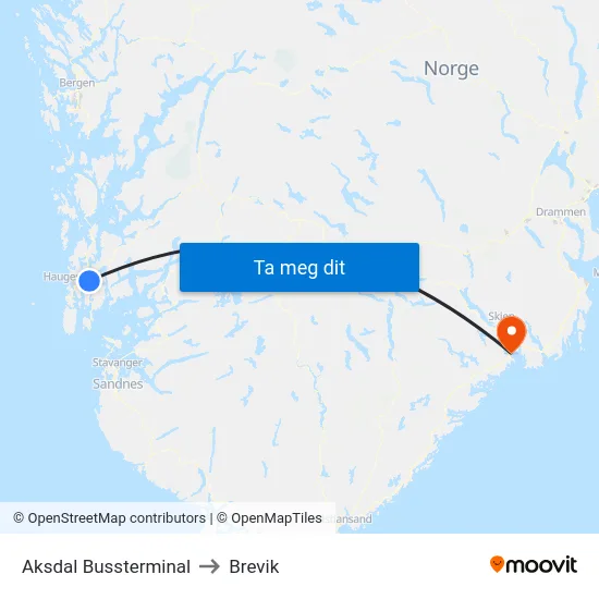 Aksdal Bussterminal to Brevik map