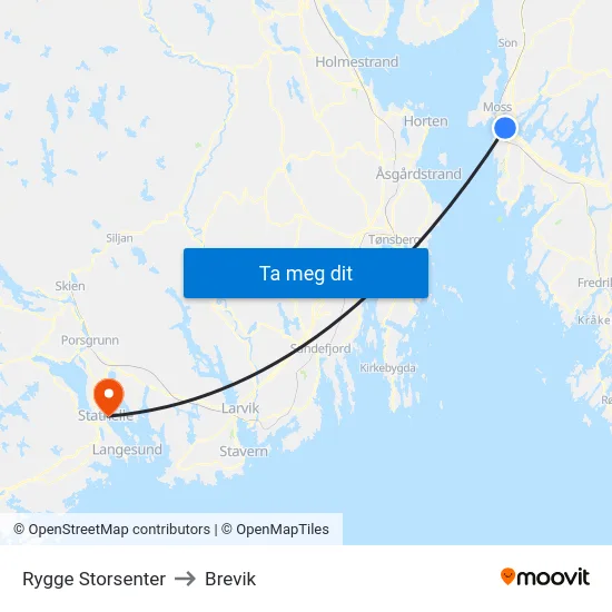 Rygge Storsenter to Brevik map