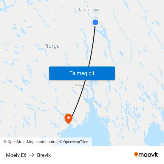 Moelv E6 to Brevik map