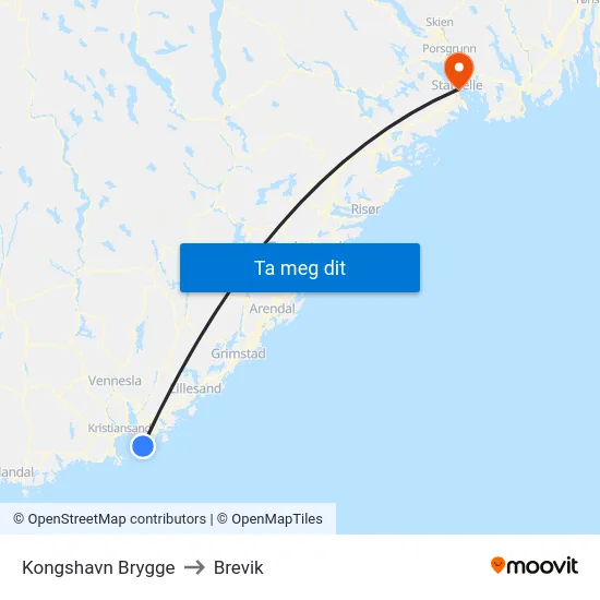 Kongshavn Brygge to Brevik map