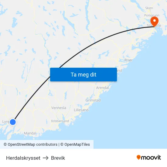 Herdalskrysset to Brevik map