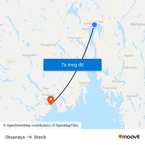 Oksenøya to Brevik map