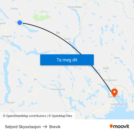 Seljord Skysstasjon to Brevik map