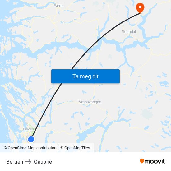 Bergen to Gaupne map