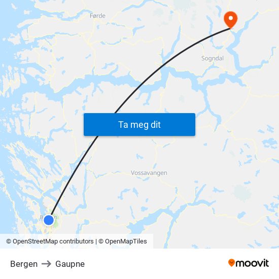 Bergen to Gaupne map
