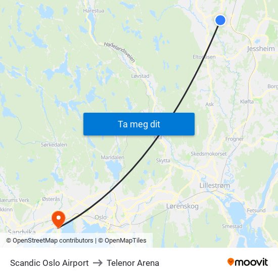 Scandic Oslo Airport to Telenor Arena map