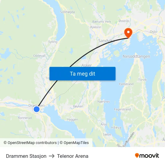 Drammen Stasjon to Telenor Arena map