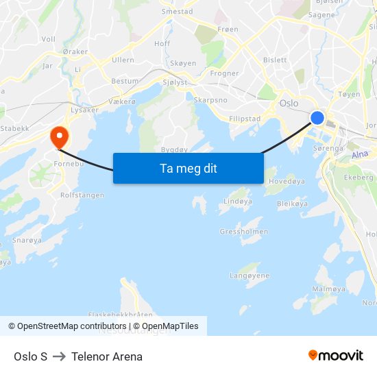 Oslo S to Telenor Arena map