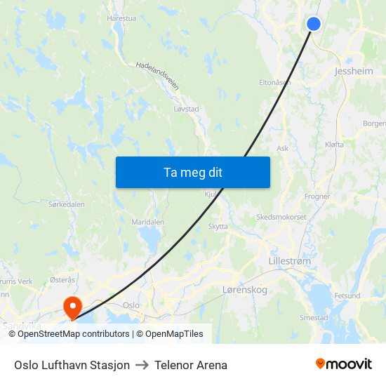Oslo Lufthavn Stasjon to Telenor Arena map