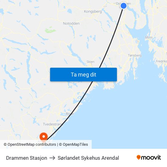 Drammen Stasjon to Sørlandet Sykehus Arendal map