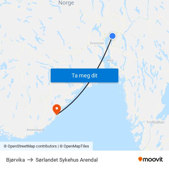 Bjørvika to Sørlandet Sykehus Arendal map