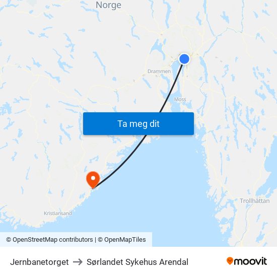 Jernbanetorget to Sørlandet Sykehus Arendal map