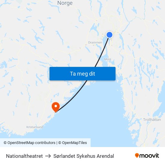 Nationaltheatret to Sørlandet Sykehus Arendal map