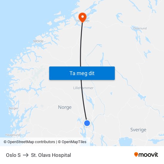 Oslo S to St. Olavs Hospital map