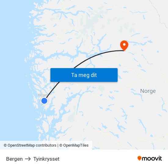 Bergen to Tyinkrysset map