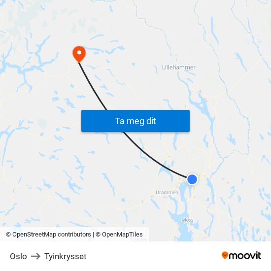 Oslo to Tyinkrysset map