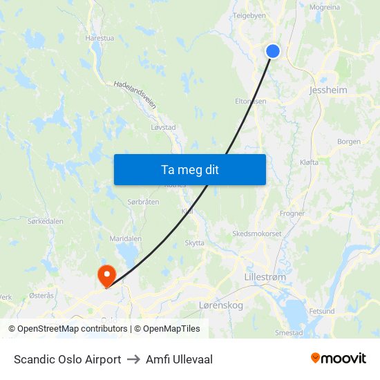 Scandic Oslo Airport to Amfi Ullevaal map
