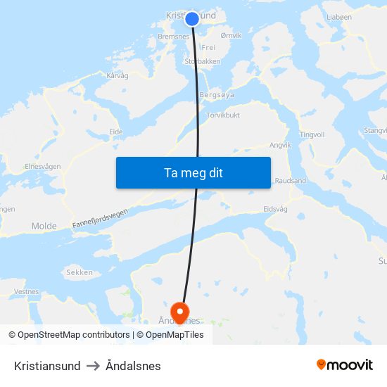 Kristiansund to Åndalsnes map