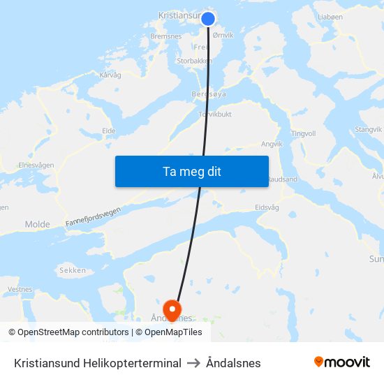 Kristiansund Helikopterterminal to Åndalsnes map