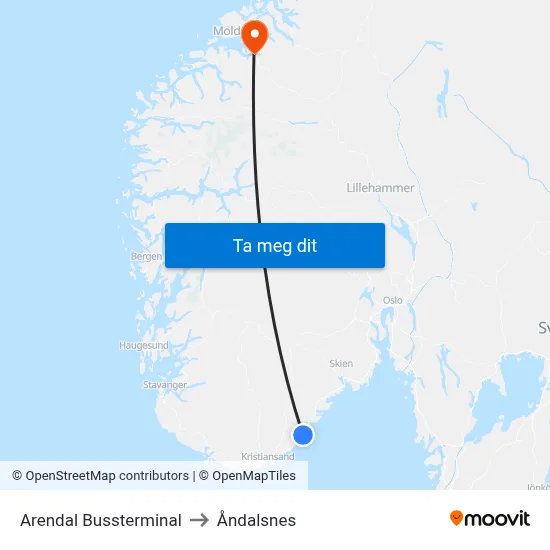 Arendal Bussterminal to Åndalsnes map