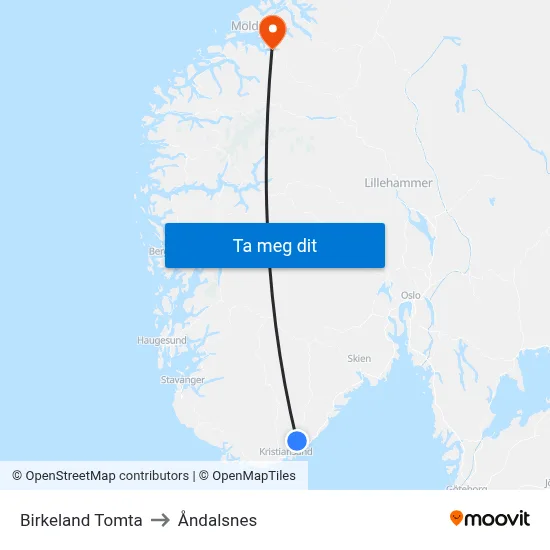 Birkeland Tomta to Åndalsnes map