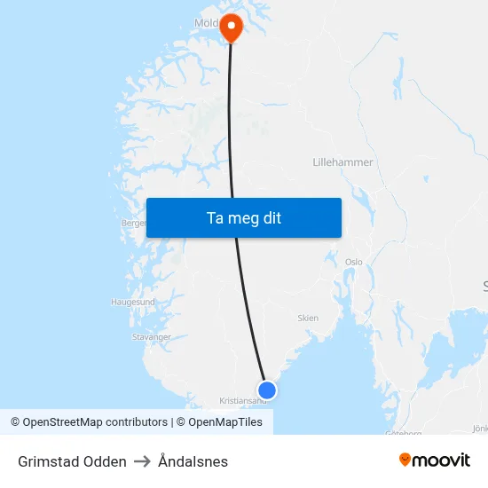 Grimstad Odden to Åndalsnes map