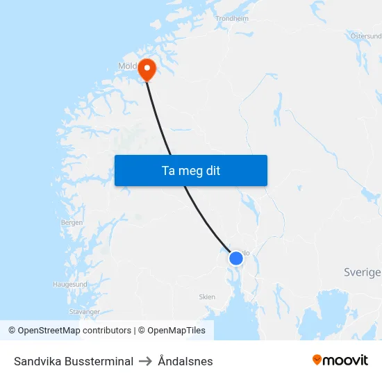 Sandvika Bussterminal to Åndalsnes map