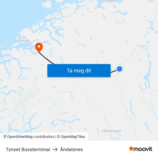 Tynset Bussterminal to Åndalsnes map