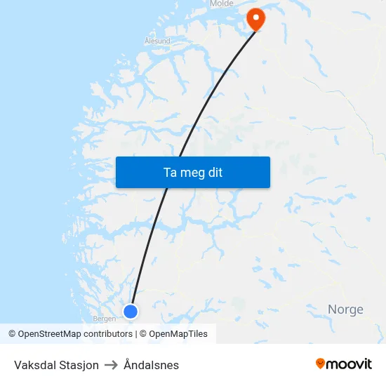 Vaksdal Stasjon to Åndalsnes map