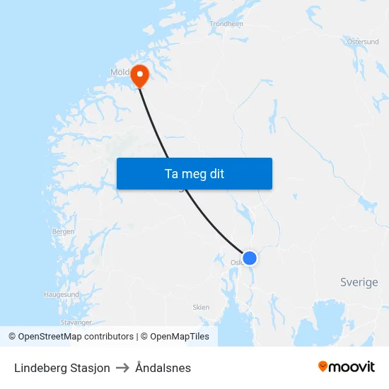 Lindeberg Stasjon to Åndalsnes map