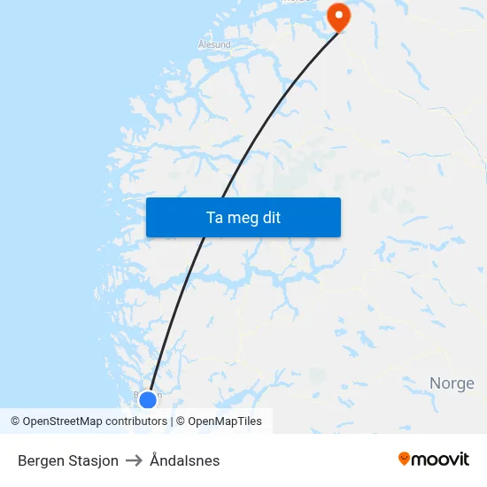 Bergen Stasjon to Åndalsnes map