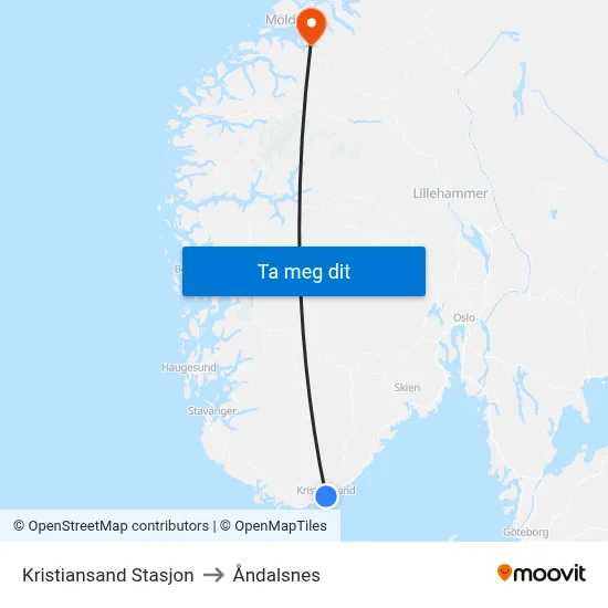 Kristiansand Stasjon to Åndalsnes map