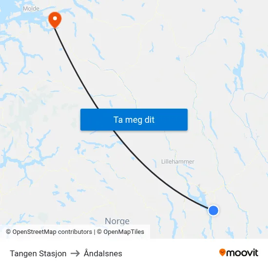 Tangen Stasjon to Åndalsnes map