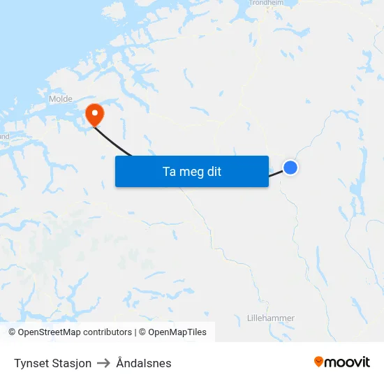 Tynset Stasjon to Åndalsnes map