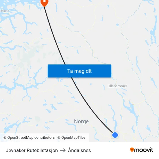 Jevnaker Rutebilstasjon to Åndalsnes map