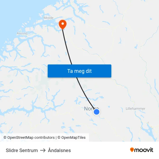 Slidre Sentrum to Åndalsnes map
