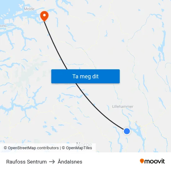 Raufoss Sentrum to Åndalsnes map