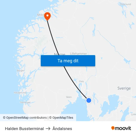Halden Bussterminal to Åndalsnes map