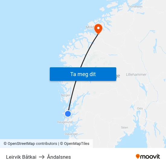 Leirvik Båtkai to Åndalsnes map
