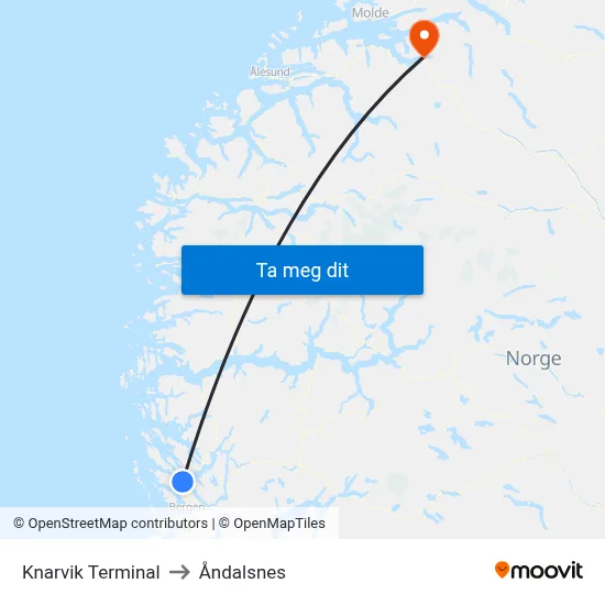 Knarvik Terminal to Åndalsnes map