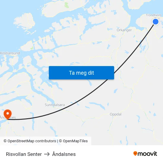 Risvollan Senter to Åndalsnes map