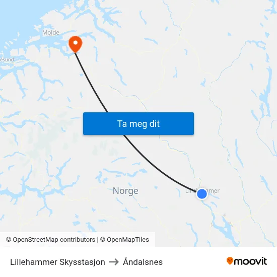 Lillehammer Skysstasjon to Åndalsnes map