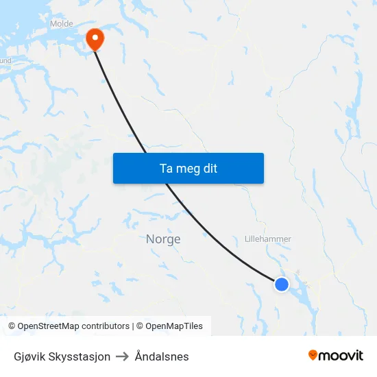 Gjøvik Skysstasjon to Åndalsnes map