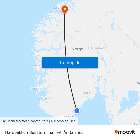 Harebakken Bussterminal to Åndalsnes map