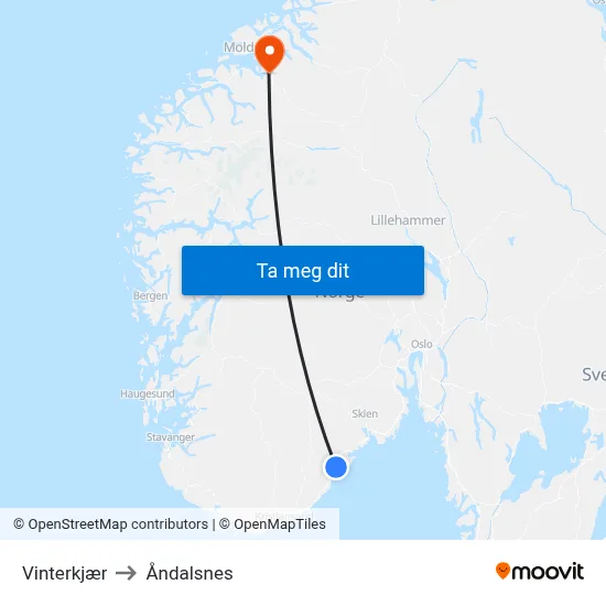 Vinterkjær to Åndalsnes map